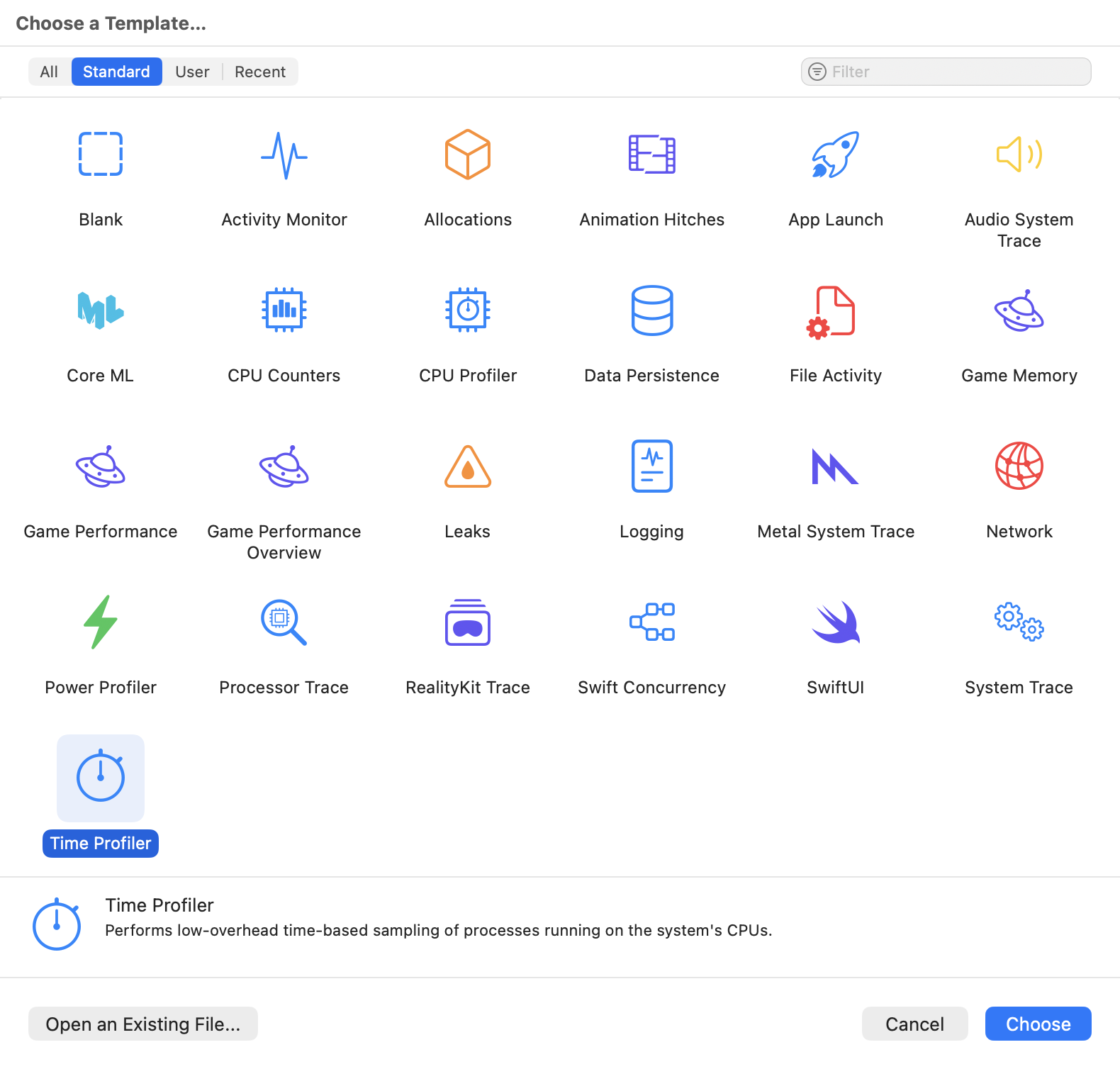 Screen capture of the Instruments template picker window