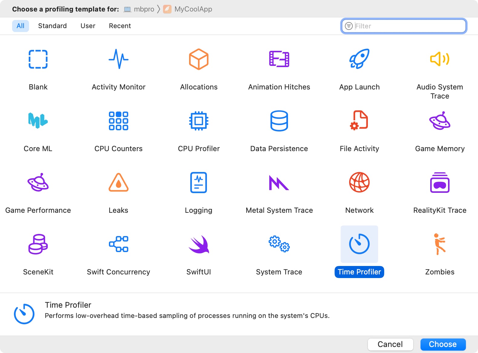 Screen capture of the Instruments template picker window